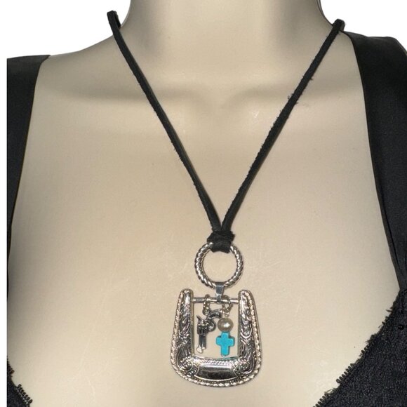 Upcycled Vintage Belt Buckle Pendant W/ Turquoise Western Style Leather Necklace - Picture 8 of 8